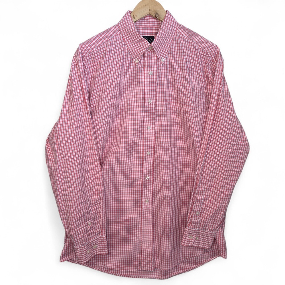 Jos A Bank Dress Shirt Mens Large Pink Plaid Button Down Cotton Long Sleeve